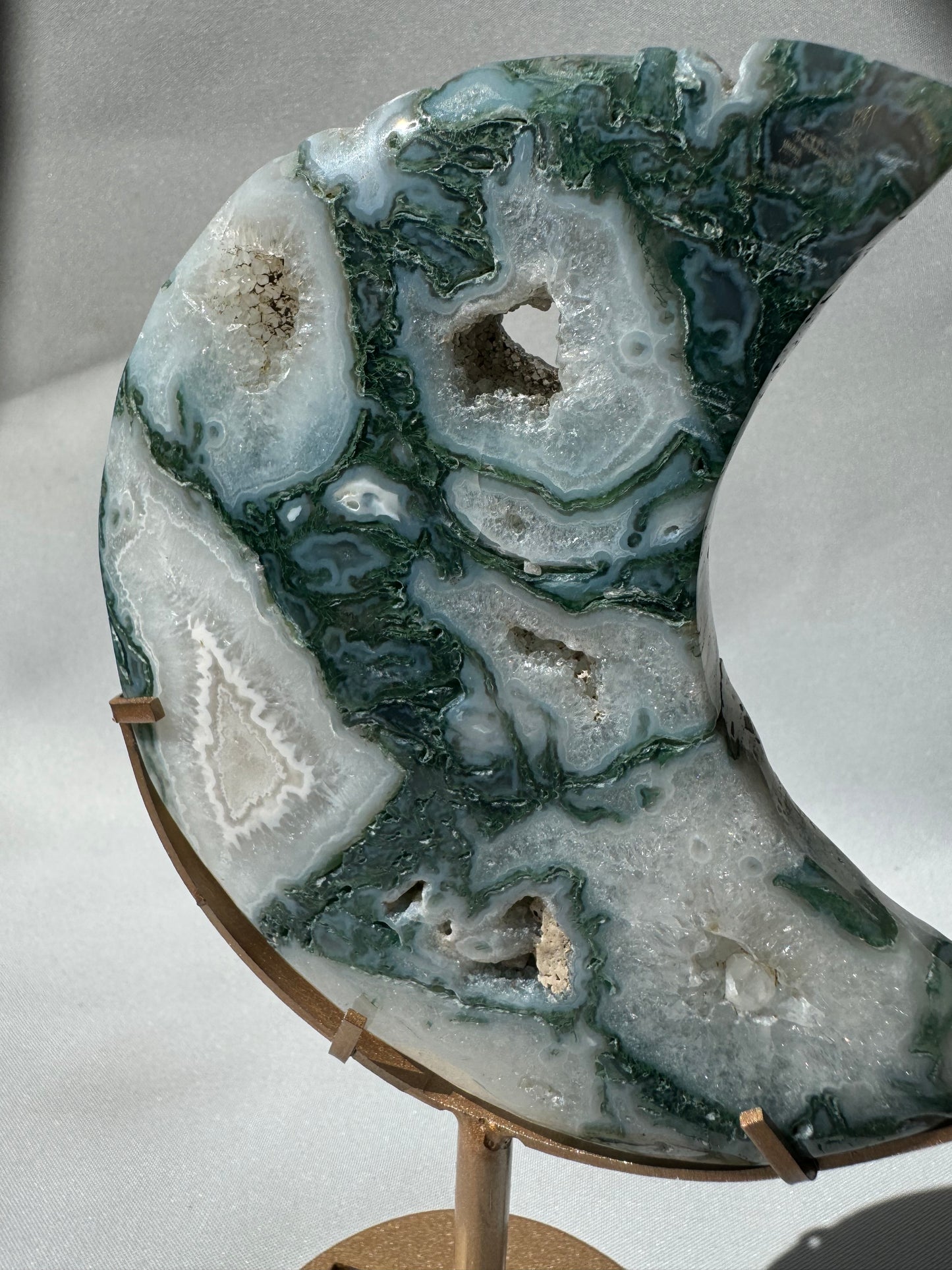Moss Agate Moon on Stand #3 | Bespoke Crystals