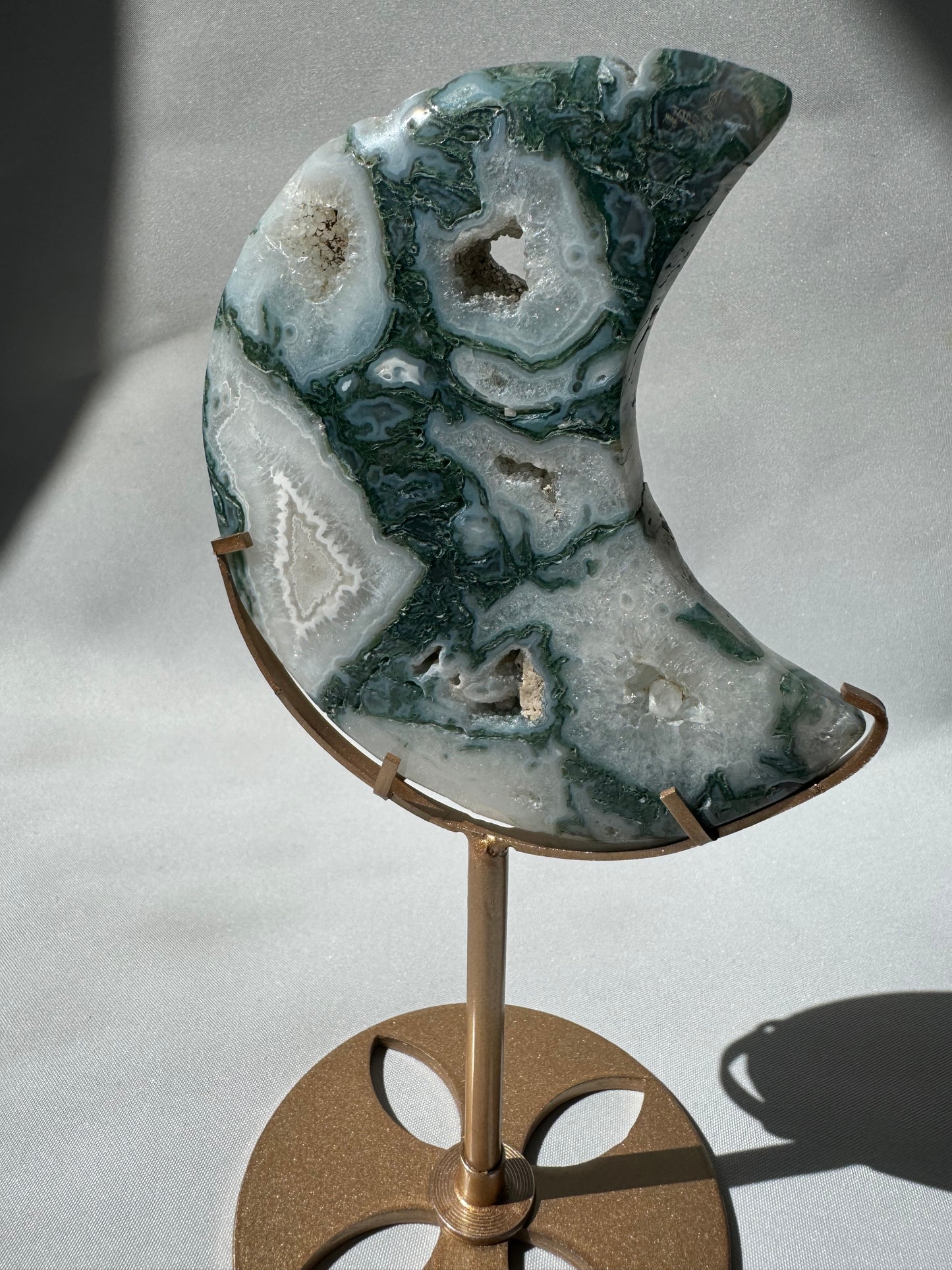 Moss Agate Moon on Stand #3 | Bespoke Crystals