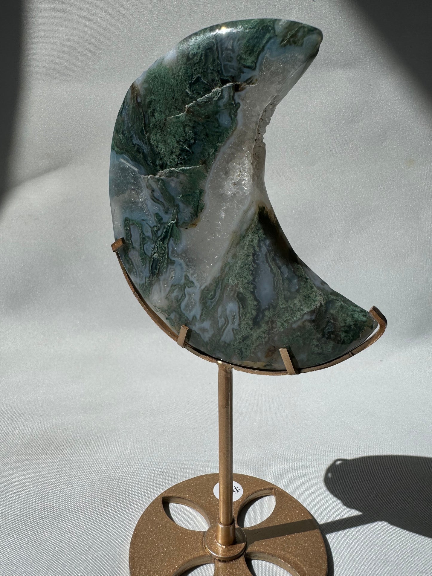 Moss Agate Moon on Stand #1 | Bespoke Crystals