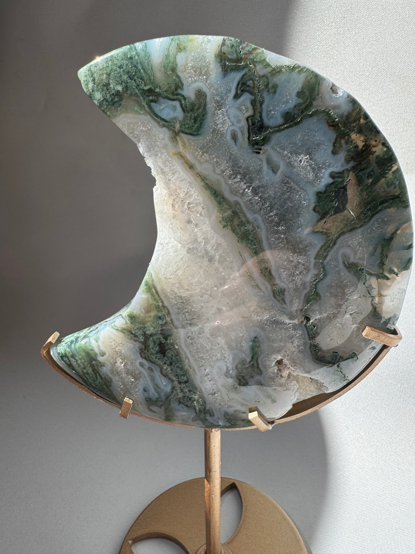 Moss Agate Moon on Stand #1 | Bespoke Crystals