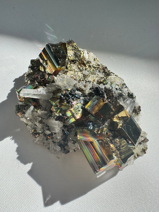 Iridescent Pyrite on Quartz #2