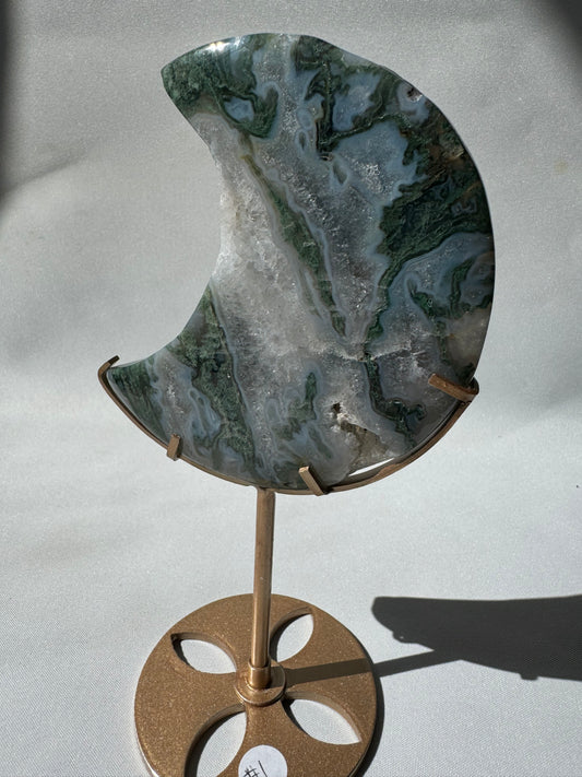 Moss Agate Moon on Stand #1 | Bespoke Crystals