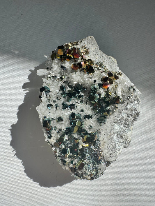 Iridescent Pyrite on Quartz #3