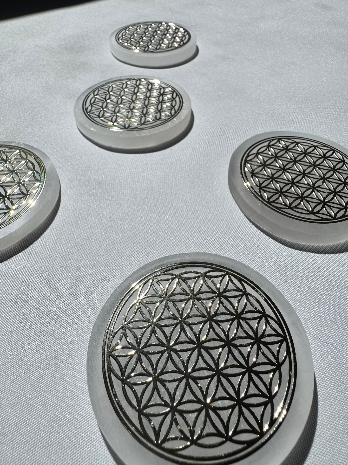 Selenite Gold Flower of Life Charging Plate - small | Bespoke Crystals