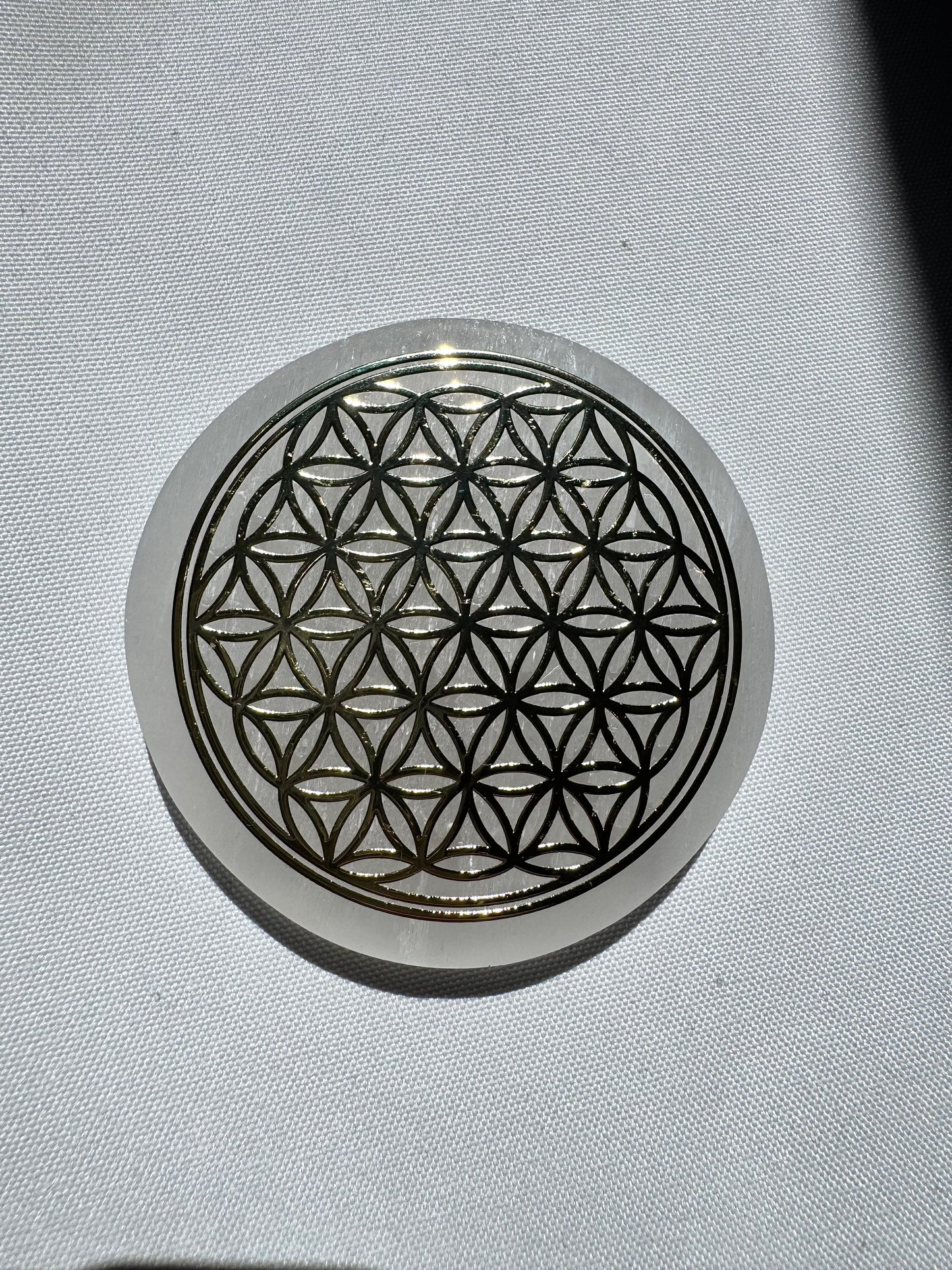 Selenite Gold Flower of Life Charging Plate - small | Bespoke Crystals